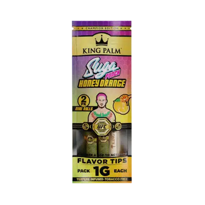 Packaging for KING PALM Minis SUGA PUNCH Honey Orange flavor tips, featuring an image of a female vaping, with a background of yellow and purple design elements.