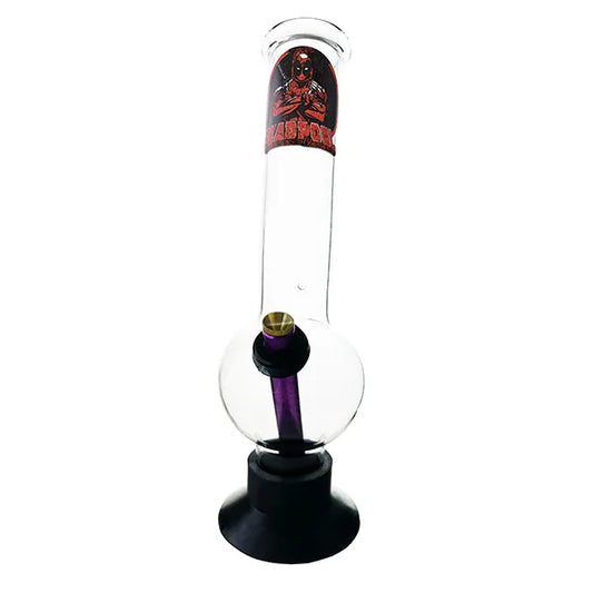 A smoking pipe with a Deadpool character design, featuring a clear glass body and a black base.