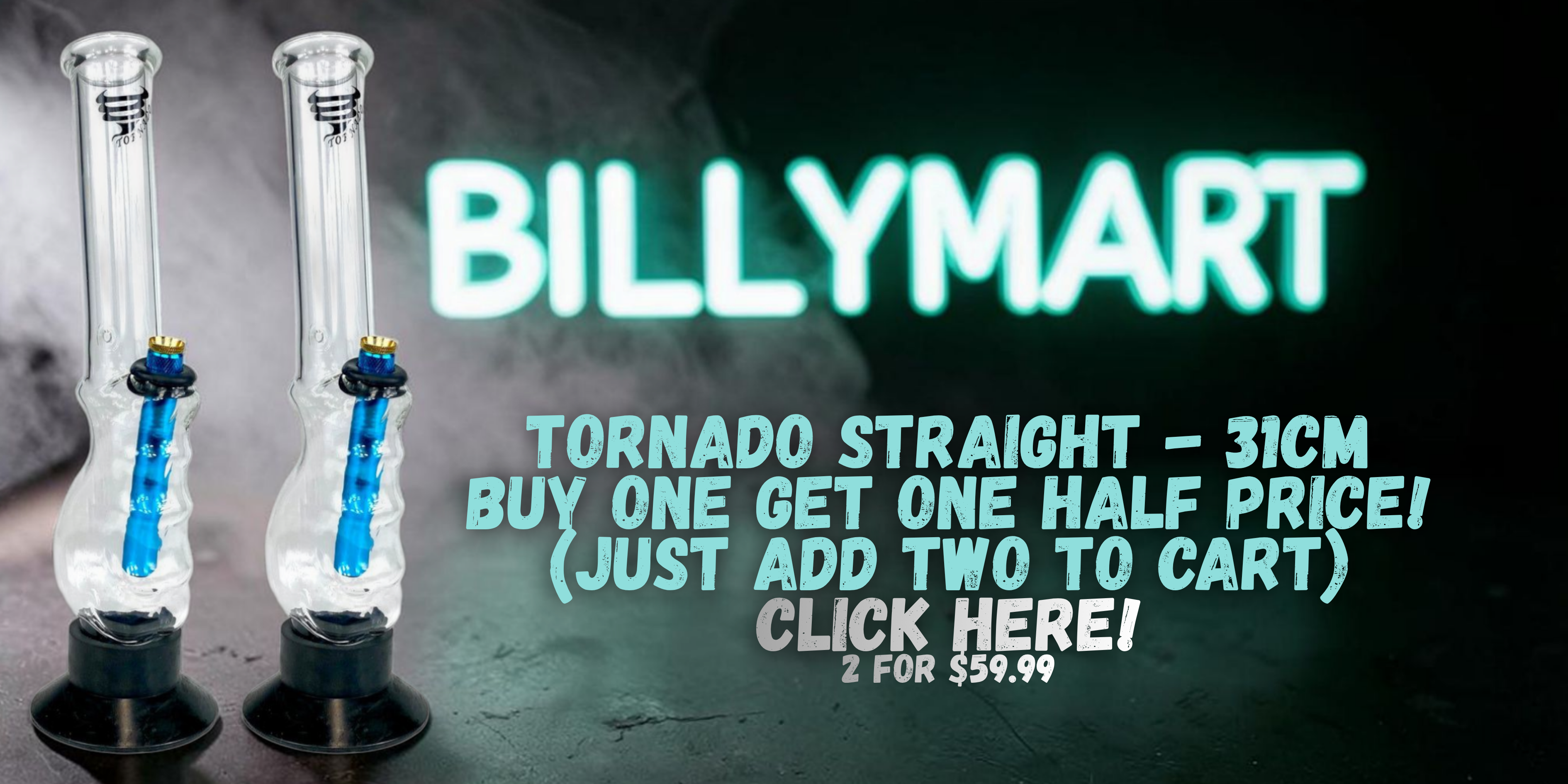 Two glass smoking accessories with blue accents on a dark background, featuring Billymart branding.