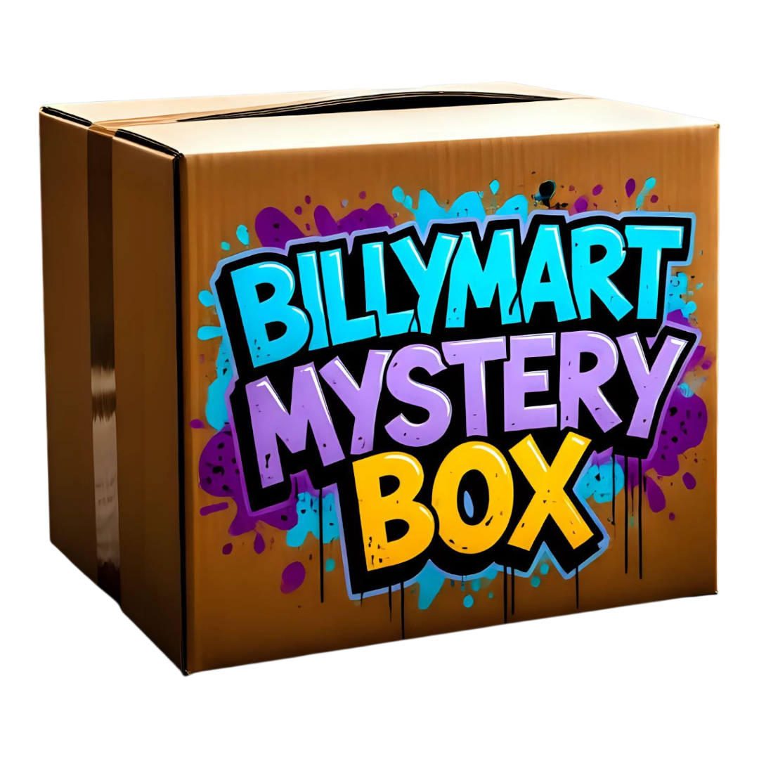 photo of billymart mystery box that may contain bongs, papers, prerolls, trays, grinders, and more smoking accessories. 