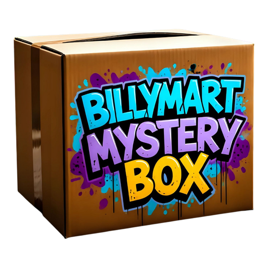 photo of billymart mystery box that may contain bongs, papers, prerolls, trays, grinders, and more smoking accessories. 