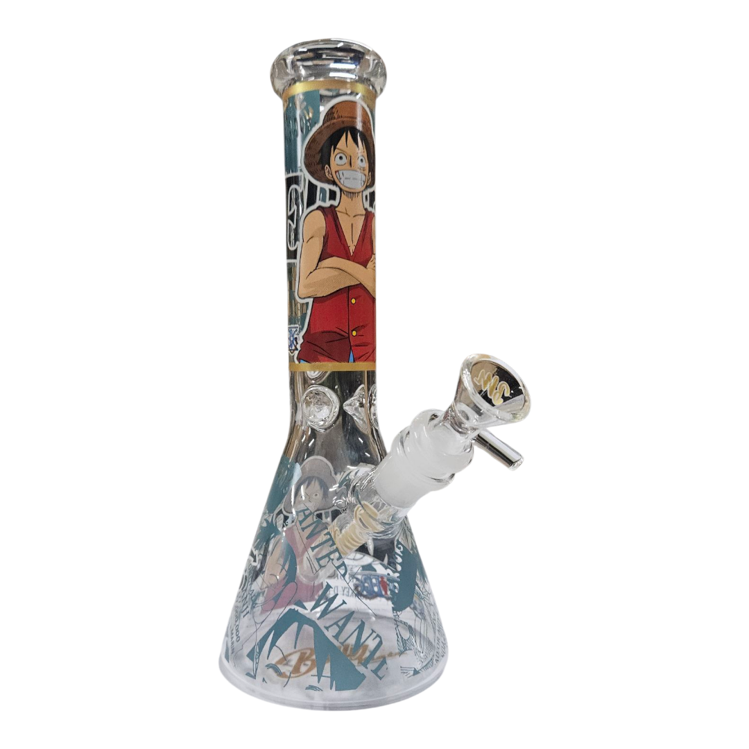 A clear glass water pipe with a printed anime character design from One Piece, featuring a conical base and a side bowl, shown on a plain white background.