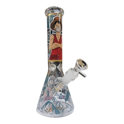 A clear glass water pipe with a printed anime character design from One Piece, featuring a conical base and a side bowl, shown on a plain white background.