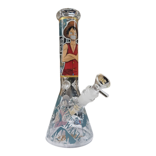 A clear glass water pipe with a printed anime character design from One Piece, featuring a conical base and a side bowl, shown on a plain white background.