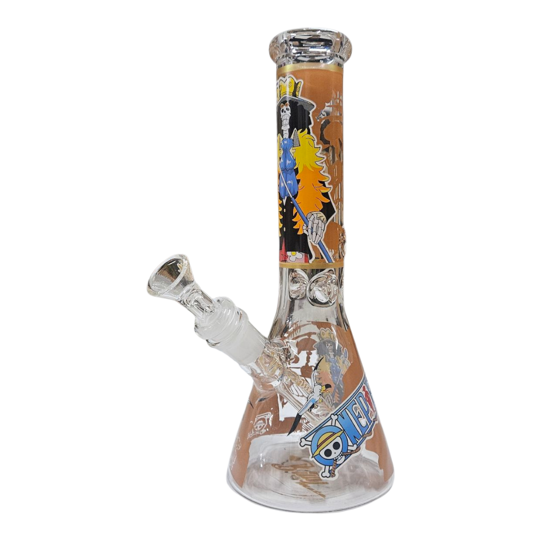 A clear glass water pipe with a conical base, a side bowl, and a narrow neck, decorated with various colorful stickers including cartoon characters and text.