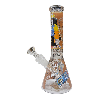 A clear glass water pipe with a conical base, a side bowl, and a narrow neck, decorated with various colorful stickers including cartoon characters and text.