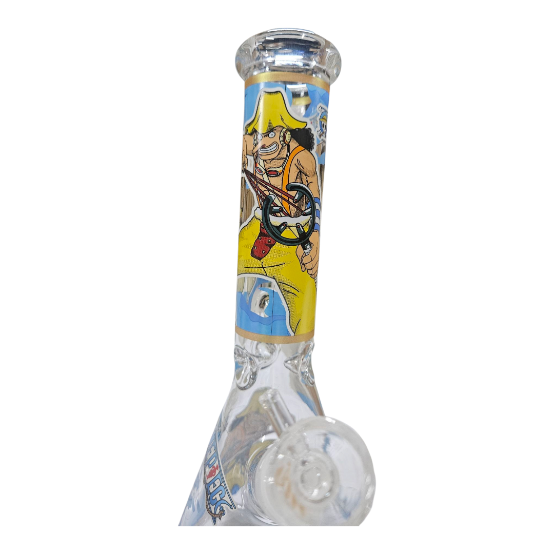 A clear glass water pipe with a printed sleeve featuring the anime character Monkey D. Luffy from One Piece on a yellow background, set against a plain white background.