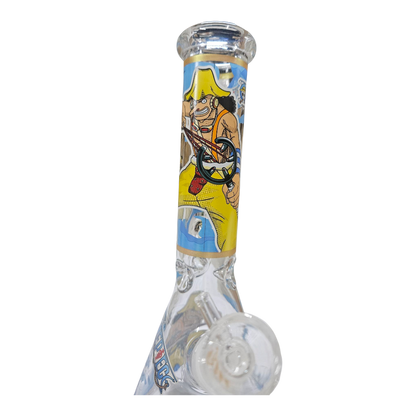 A clear glass water pipe with a printed sleeve featuring the anime character Monkey D. Luffy from One Piece on a yellow background, set against a plain white background.