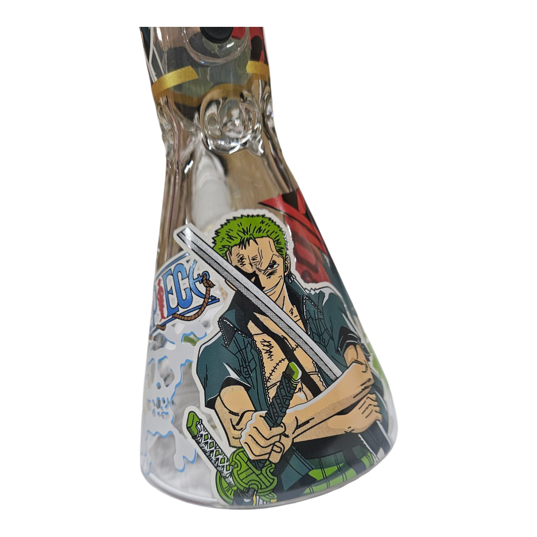 A clear glass water pipe decorated with a large anime sticker of Roronoa Zoro from One Piece, shown on a plain white background.