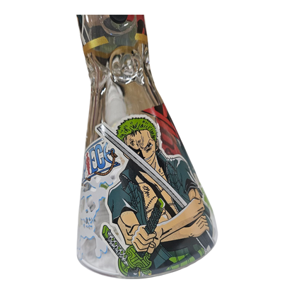 A clear glass water pipe decorated with a large anime sticker of Roronoa Zoro from One Piece, shown on a plain white background.