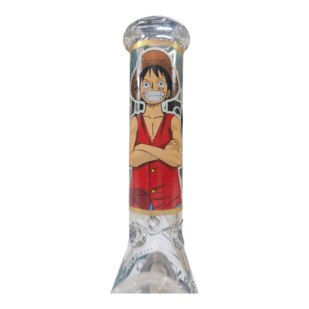 A clear glass water pipe or bong featuring a printed illustration of the anime character Monkey D. Luffy wearing his signature red vest and hat, shown against a plain white background.
