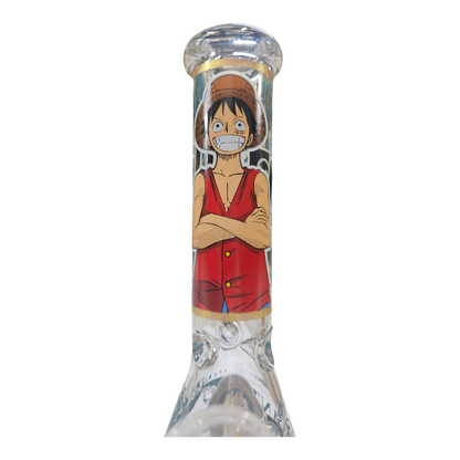 A clear glass water pipe or bong featuring a printed illustration of the anime character Monkey D. Luffy wearing his signature red vest and hat, shown against a plain white background.