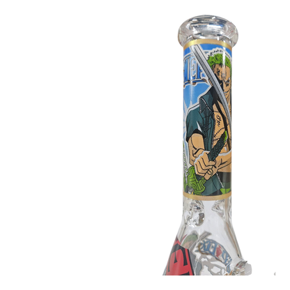 A clear glass water pipe with a printed anime-style label featuring a character holding a sword, set against a plain white background.
