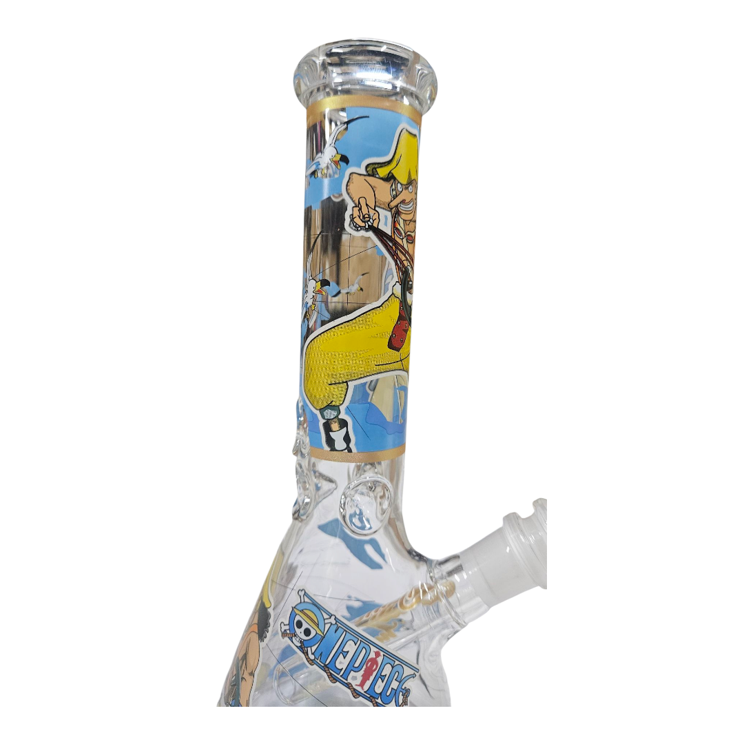A clear glass water pipe with a colorful One Piece anime print featuring Trafalgar Law on the neck and a white glass downstem.
