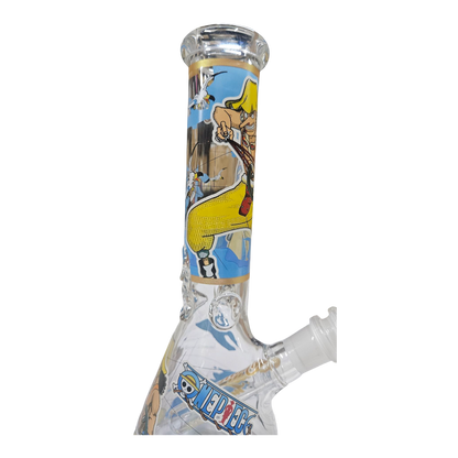 A clear glass water pipe with a colorful One Piece anime print featuring Trafalgar Law on the neck and a white glass downstem.