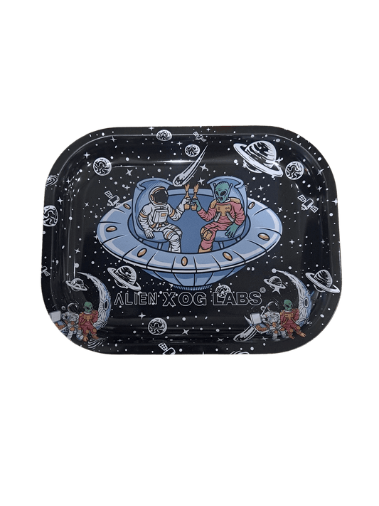 A small metal tray with a space-themed design featuring a spaceship and the text 'ALIENXOG LABS'.
