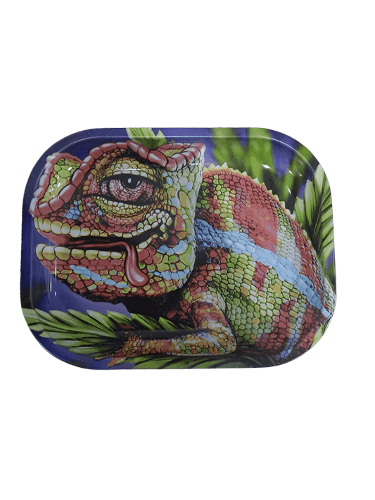 A small rectangular tray with a colorful chameleon design on top.