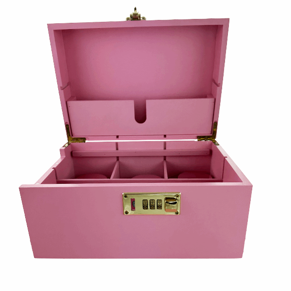 Pink jewelry box with a gold lock on a white background