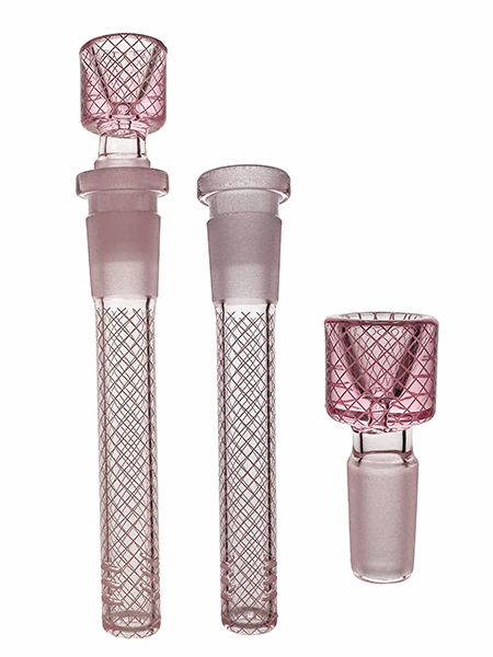 Three pink glass smoking accessories with mesh designs on a white background