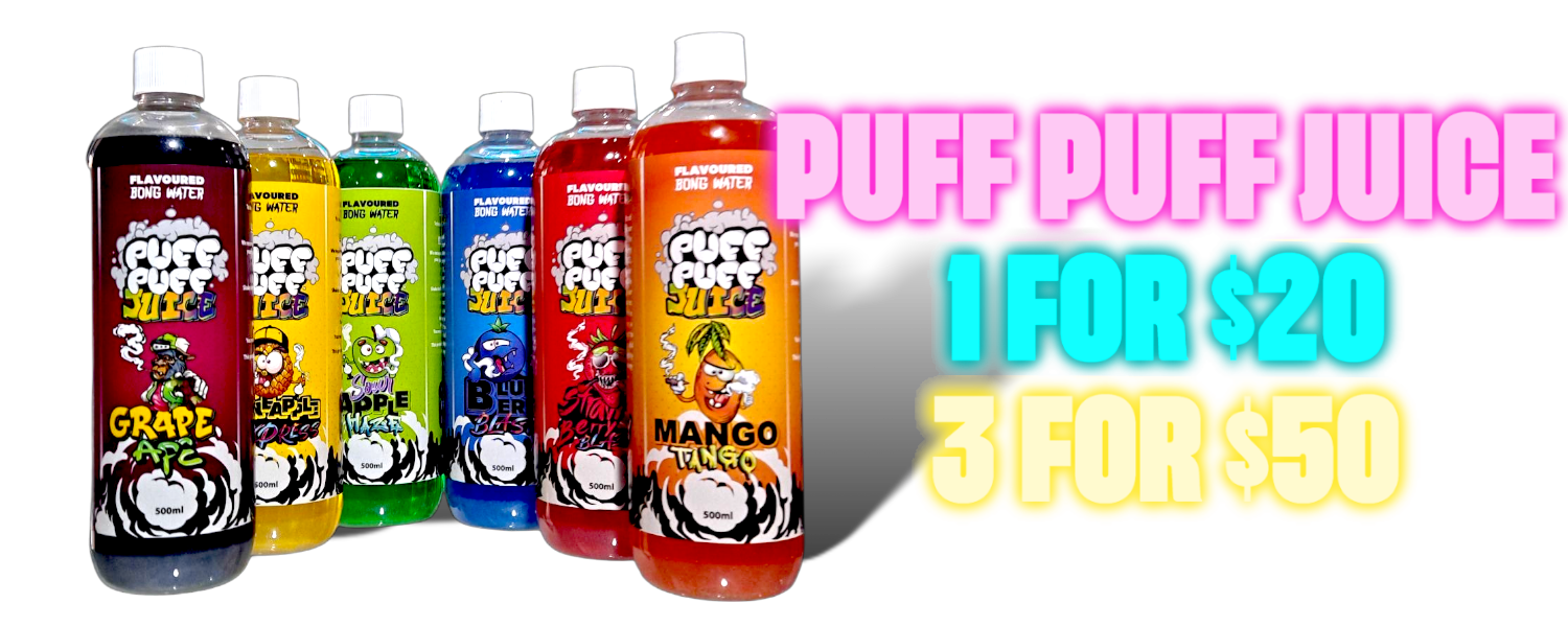 Assorted bottles of Puff Puff Juice with colorful labels on a white background.