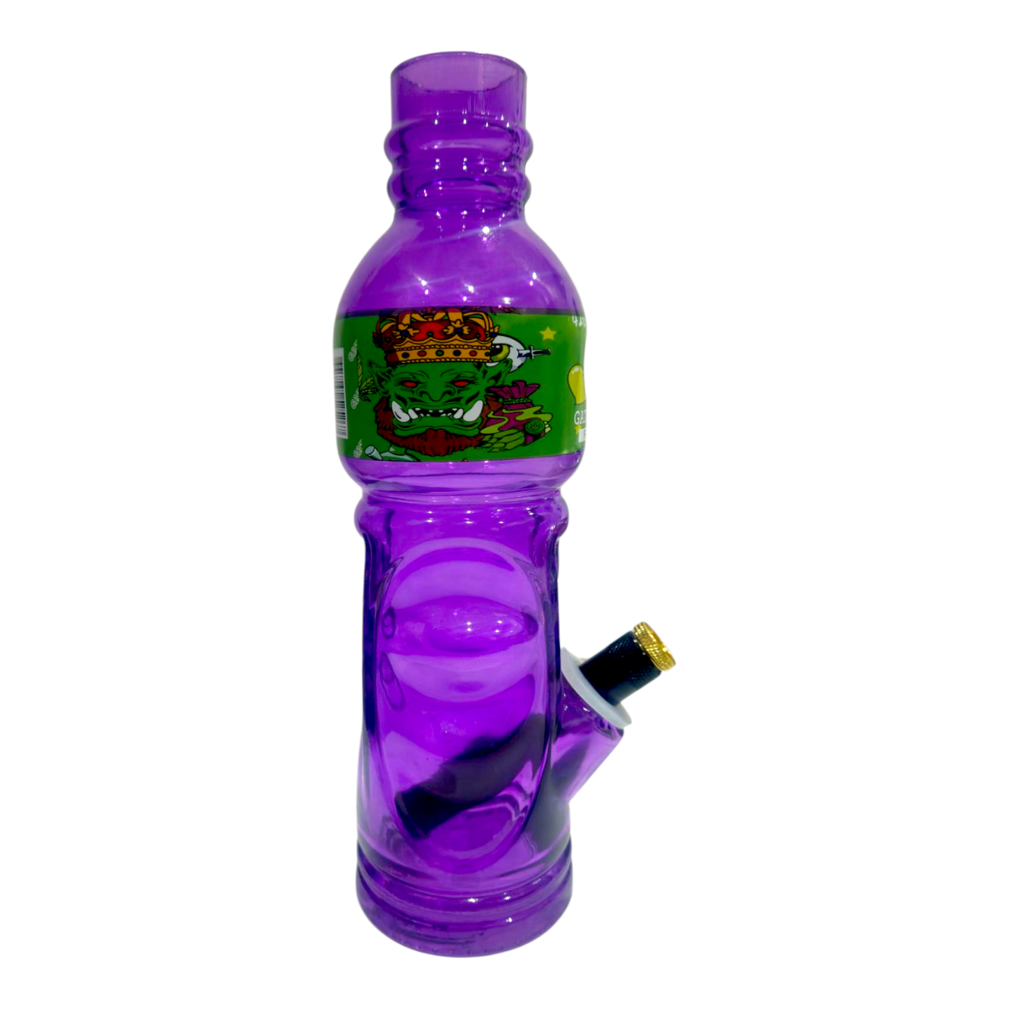 Purple water bottle with a smoking device attached on a white background