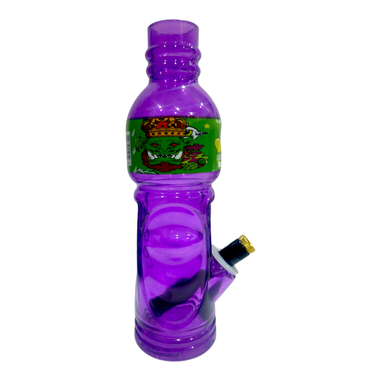 Purple water bottle with a smoking device attached on a white background