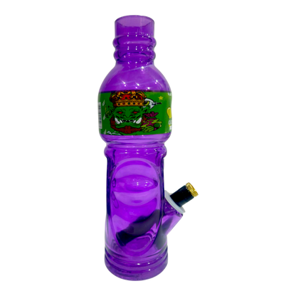 Purple water bottle with a smoking device attached on a white background