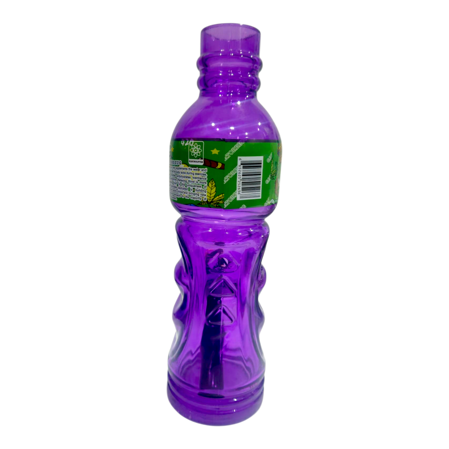 Purple bottle with a green label on a white background