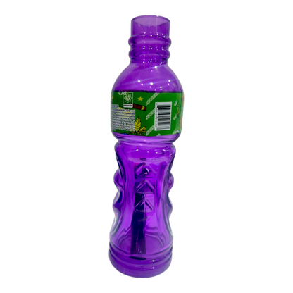Purple bottle with a green label on a white background