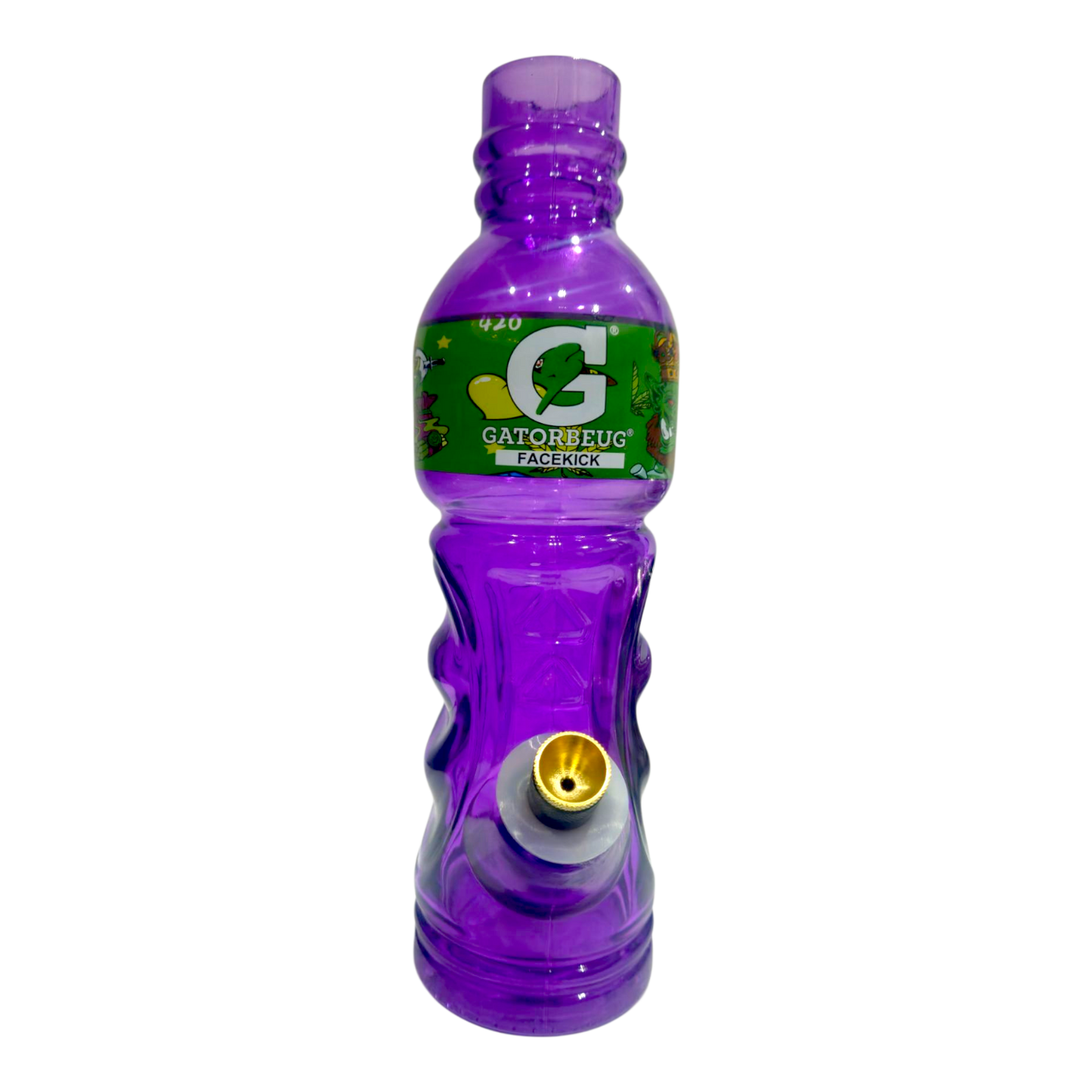 Purple Gatorade bottle with a green label on a white background