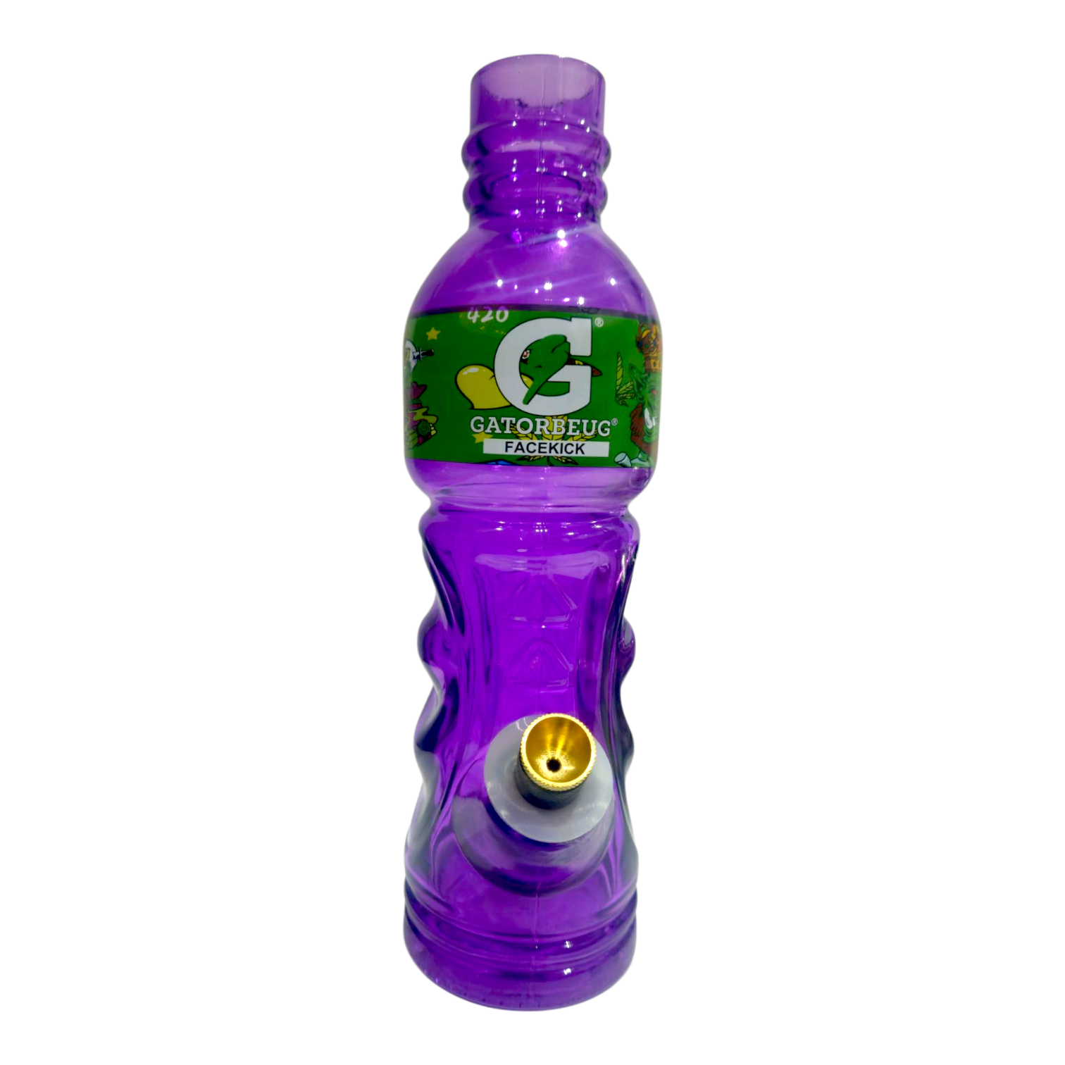 Purple Gatorade bottle with a green label on a white background
