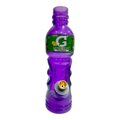 Purple Gatorade bottle with a green label on a white background