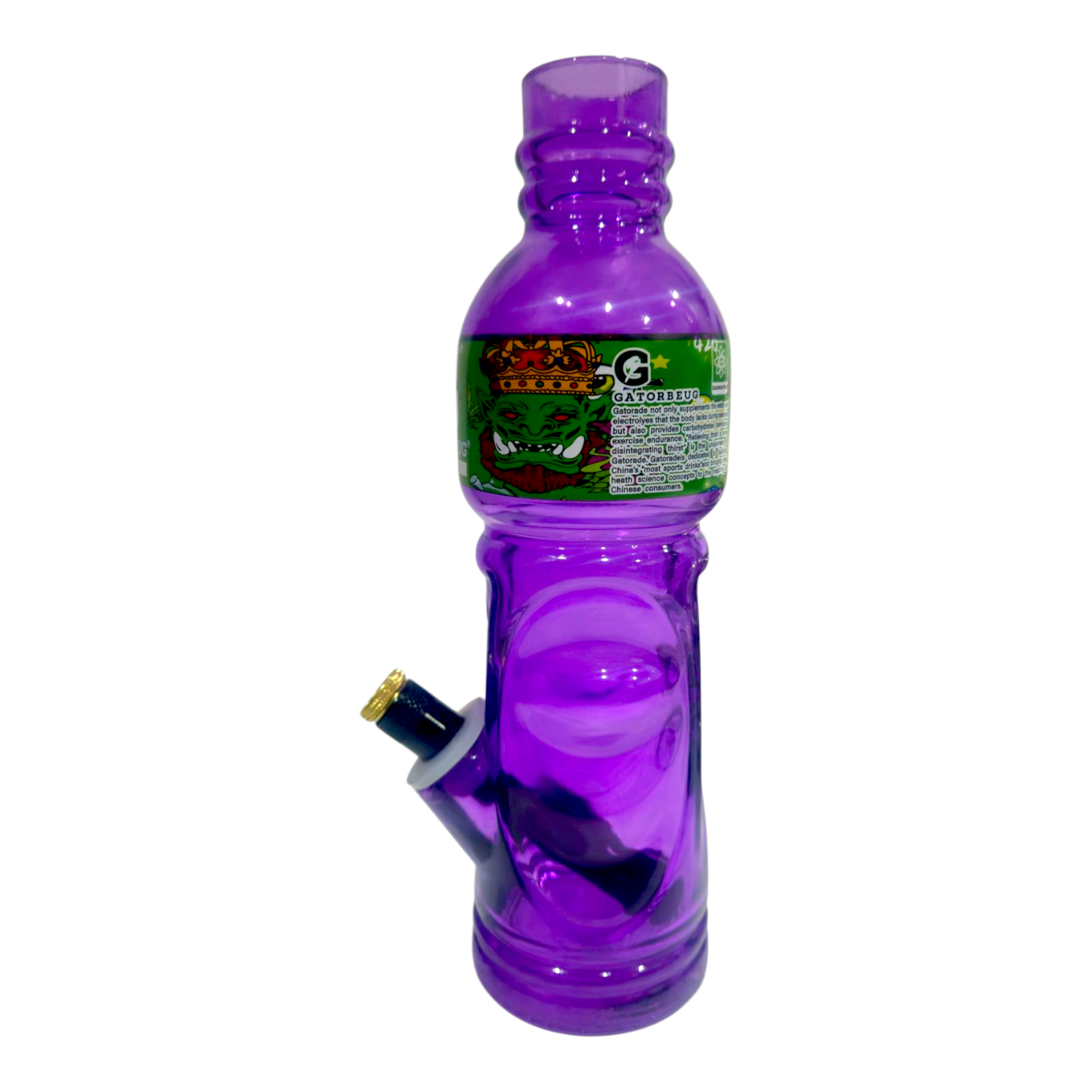 Purple water bottle with a smoking device attached on a white background