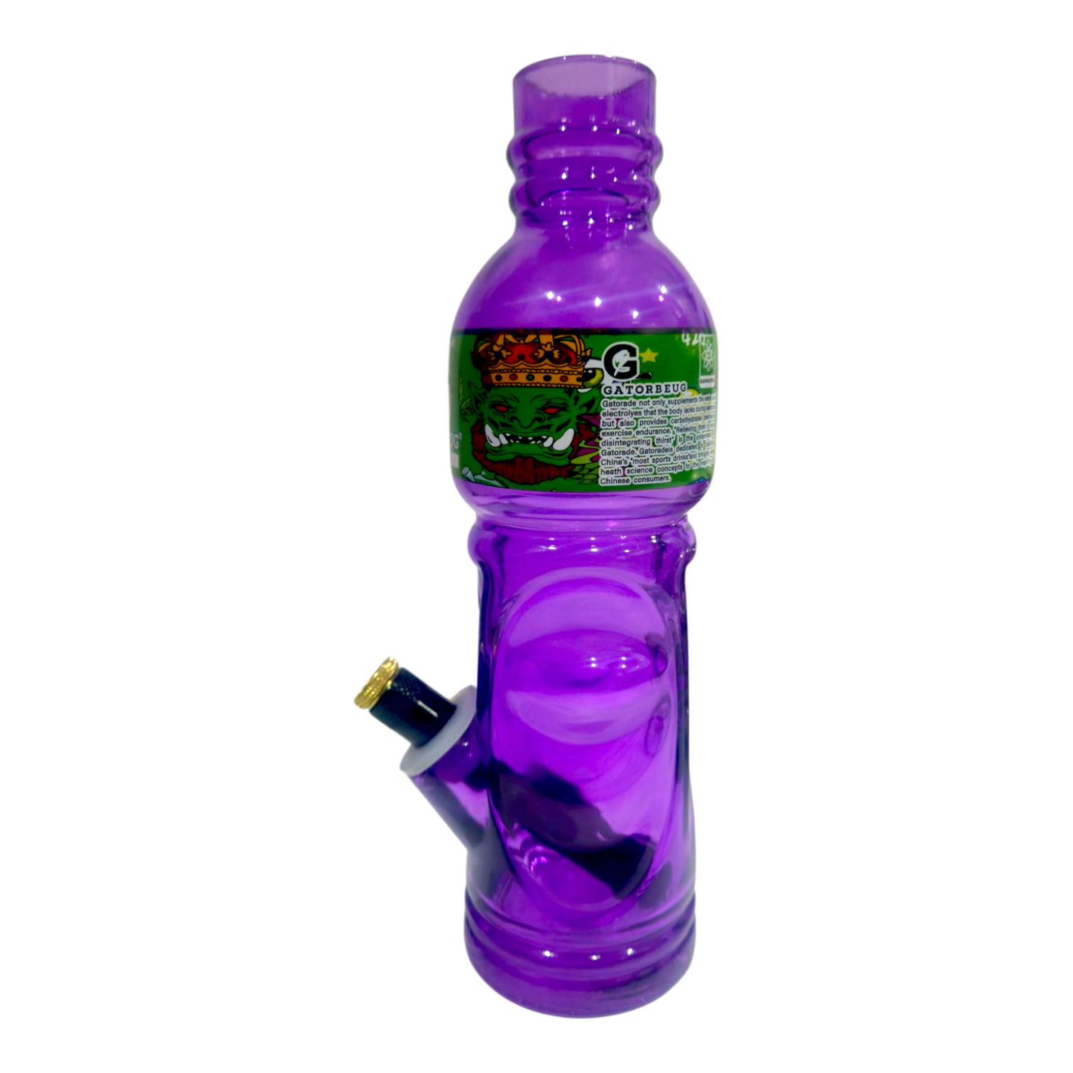 Purple water bottle with a smoking device attached on a white background