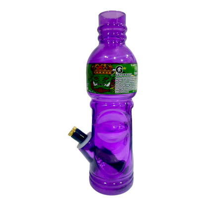 Purple water bottle with a smoking device attached on a white background