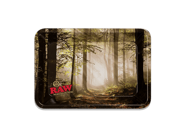 Rolling tray with forest design and 'RAW' branding on a white background