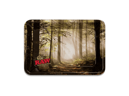 Rolling tray with forest design and 'RAW' branding on a white background