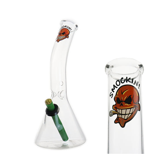 This image features the Smockin! Angled Beaker, a 30cm glass laboratory tool notable for its distinctive design and branding. The beaker has a sleek, clear glass construction, ideal for scientific or practical use.