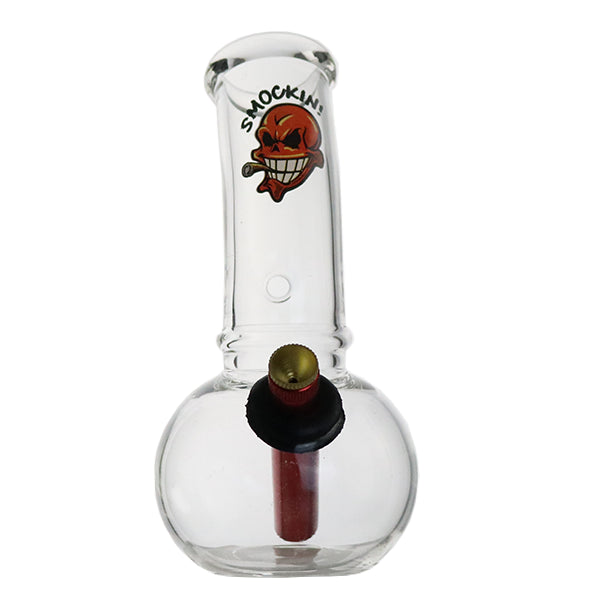 A clear glass bong with a red and black logo, and a red bowl.