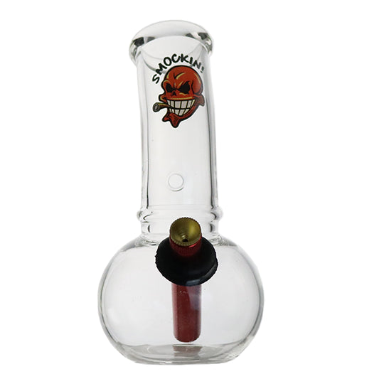 A clear glass bong with a red and black logo, and a red bowl.