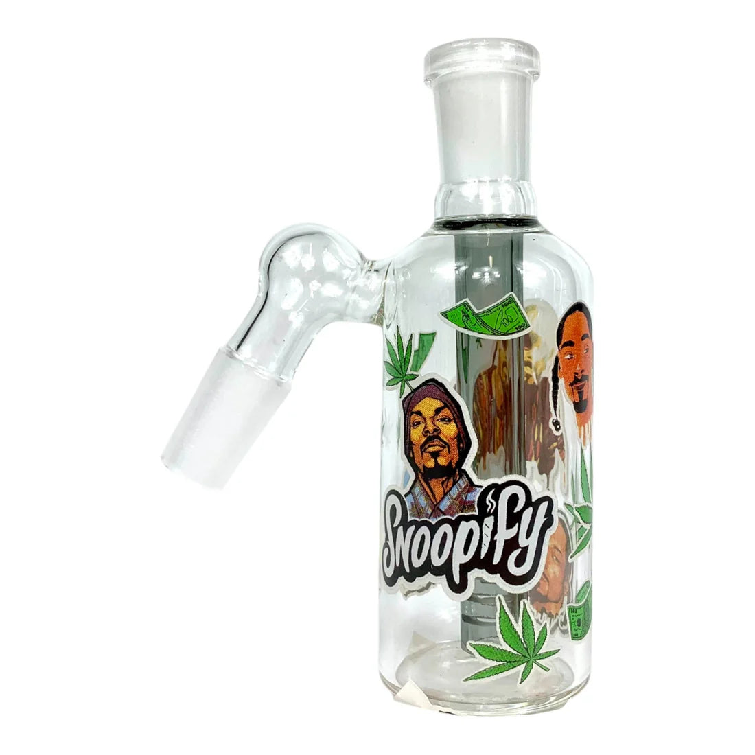 Clear glass water pipe with 'Snoopify' branding and marijuana leaf designs on a white background