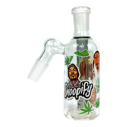 Clear glass water pipe with 'Snoopify' branding and marijuana leaf designs on a white background