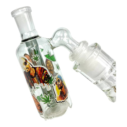 Glass smoking device with colorful designs on a white background