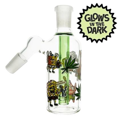 Glass smoking accessory with stickers and a 'Glow's in the Dark' label on a white background