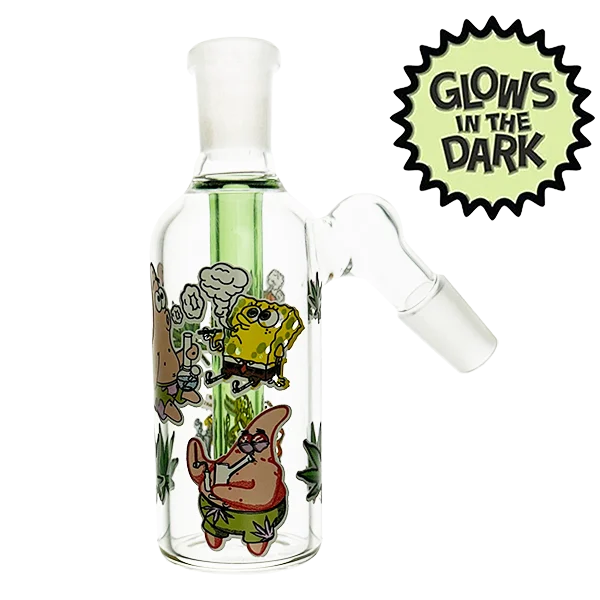 Glass water bottle with cartoon characters and 'Glow in the Dark' label on a white background