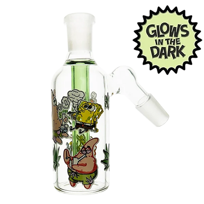 Glass water bottle with cartoon characters and 'Glow in the Dark' label on a white background