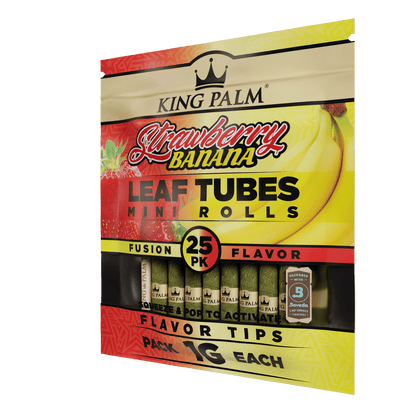Packaging for KING PALM Strawberry Banana Leaf Tubes. The package is predominantly red and yellow, featuring images of strawberries and bananas, indicating the flavor of the product.