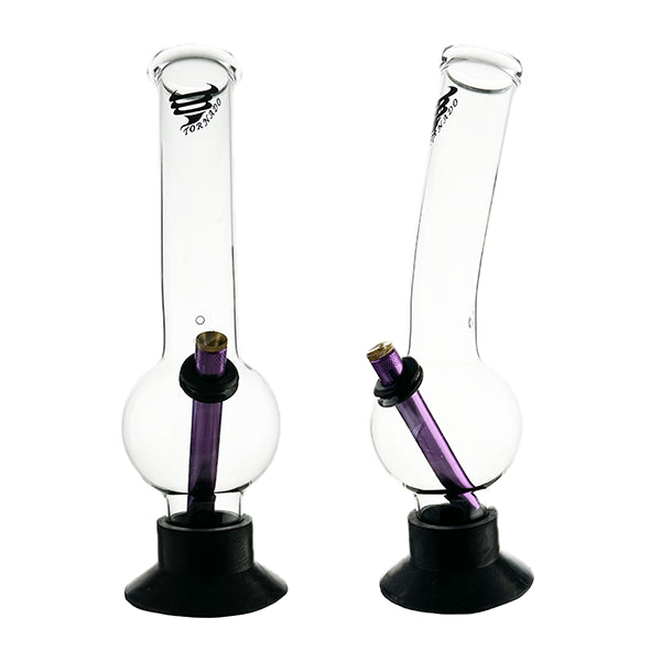 Two TORNADO Notorious Bubble glass bongs, one standing upright and the other lying down, both with purple and clear glass and black bases.