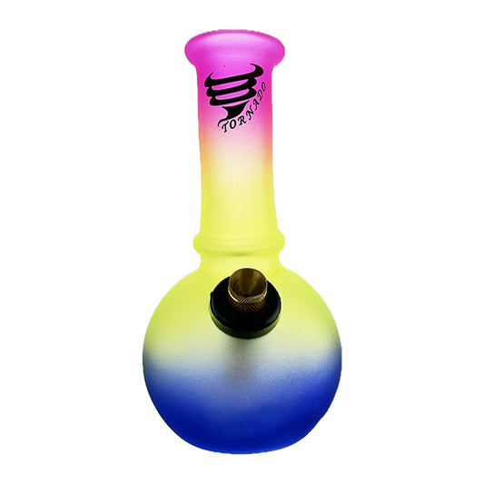 A multicolored, swirling pattern glass piece resembling a bubble, with a black bowl and a logo on the side.