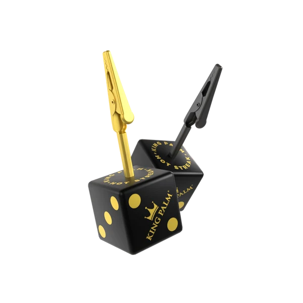 KING PALM Hot Streak Dice Clip — gold dice-shaped smoke clip with domino numbering, King Palm smoking accessory